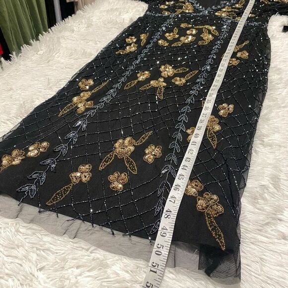 NEW Adrianna Papell Flutter Sleeve Beaded Gown in Black Gold Size 14 - Picture 6 of 11